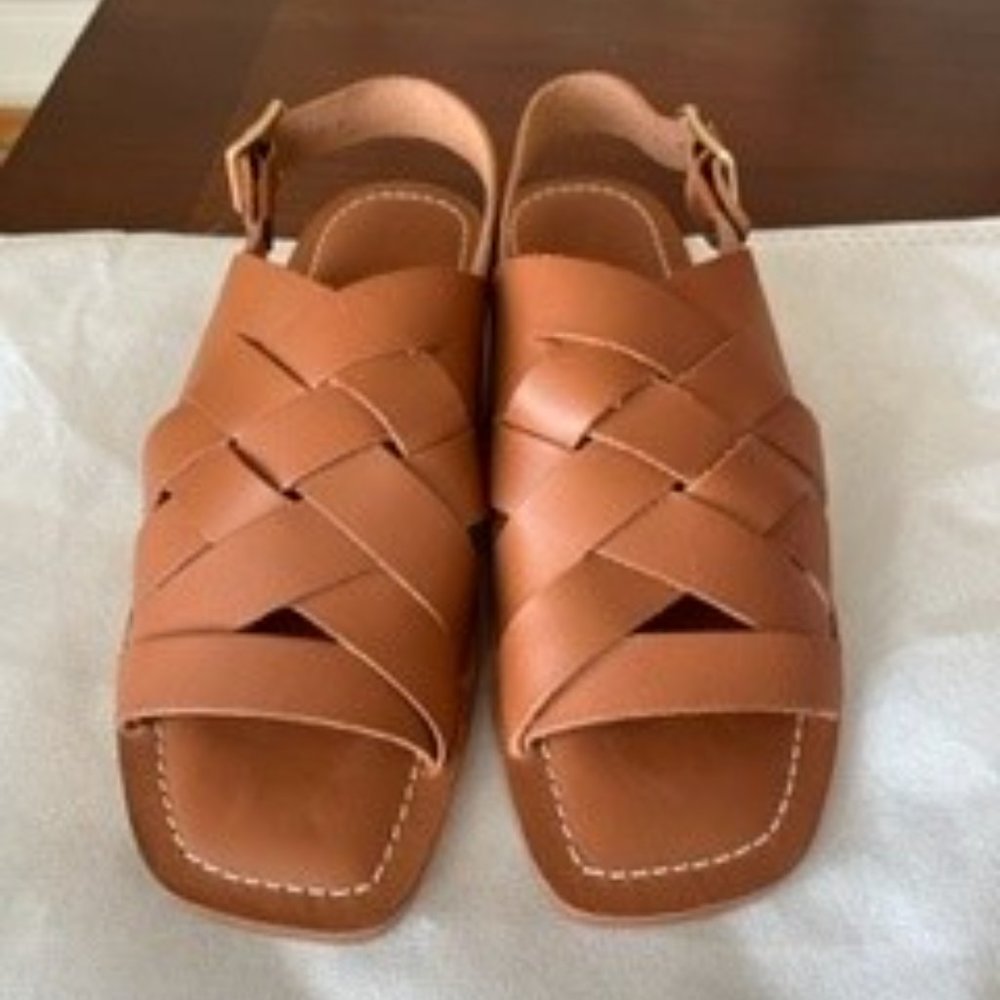 NEW LOEFFLER RANDALL Grayson Braided Sandal Size 8 Cognac Leather Boho Tan Brown
